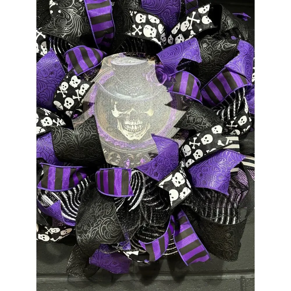 Halloween Wreath Gothic Purple Skull Handmade Deco Mesh 20 Inch